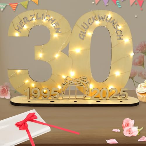 Seutgjie Deko 30 Geburtstag Frau Mann, Geldgeschenke Geburtstag 30 Originelle Holz Schild Gästebuch mit LED Lichterkette für Männer Frauen Perlenhochzeit Jubiläum Tischdeko 1995-2025