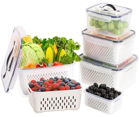 Fruit Storage Containers for Fridge 5 Piece set - Clear Berry Containers with Removable Colander, Airtight Fridge Organizer Bins with Vent Handle Lids for vegetable Organizers and Storage keep Fresh