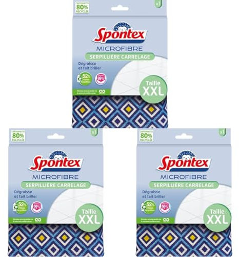 SPONTEX - Serpillère Spécial Carrelage XXL - 100% microfibre - Dégraisse juste avec de l'eau - Elimine 99% des bactéries - Motifs originaux - Taille XXL (Lot de 3)