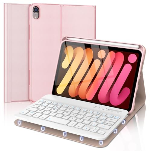 Coque Clavier pour iPad Mini 7 (A17 Pro) 2024 / Mini 6 2021, AZERTY Français Amovible Clavier Bluetooth sans Fil pour iPad Mini 7/6 8.3'', Rose