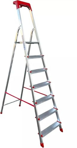 EffeDecor - Scala Domestica in Alluminio Leggera Pieghevole con Portaoggetti Scaletta Multiuso Gradini Larghi Antiscivolo (7 Gradini)