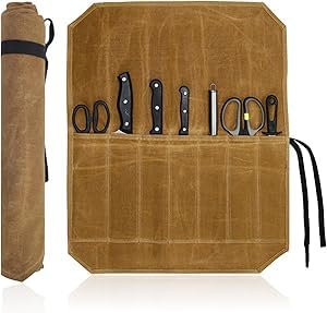 KQDRAVINE Funda Cuchillos de Chef con 7 Compartimentos, Lona Portátil Funda Cuchillos Cocina Cuchara para Camping al Aire Libre Cocina Barbacoa (Caqui)