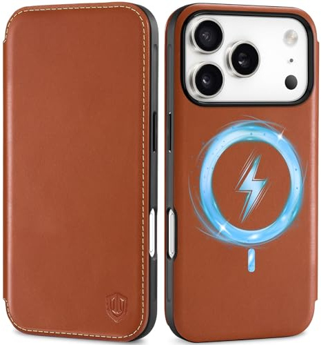 SHIELDON Dünn Echtleder Hülle für iPhone 17 Pro 6,3 2025, Retro Braun | 3 Kartenfach, Kabelloses Laden, Verstärkt TPU, Handy-Ösen, Magnetisch Handyhülle, Klapphülle, Schutzhülle