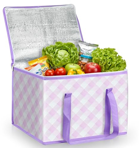Kühltasche, 40L Große Thermotasche, Tragbar Wiederverwendbare Einkaufstasche mit Klassischem Karo, Faltbare Isoliertasche für Picknick BBQ Camping Einkauf Strand Reisen Auto (Lila, 40L, Lila 40L)