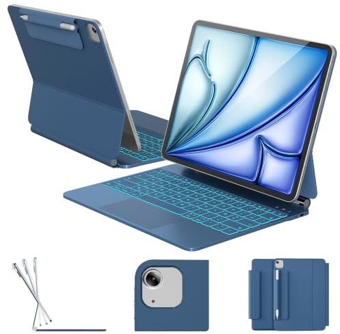 RAYMCRAFT Coque Clavier pour iPad Air 13 Pouces (M4/M3/M2) et iPad Pro 12,9(6e/5e/4e/3e Gén) Magic Keyboard, Rétroéclairage 11 Couleurs, Smart Trackpad, Support Magnétique, Attache Stylet, Bleu Foncé