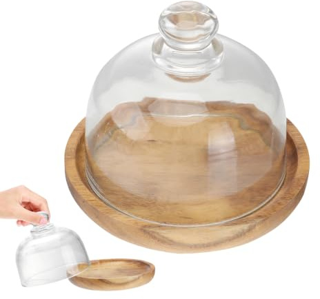 Toyvian Holztablett Mit Glasglocke Runde Dessertplatten Für Kuchen Käse Und Gebäck Mini-Servierplatte Als Tortenständer Mit Glasabdeckung Für Präsentation Und Aufbewahrung 10.50 X 9.50 X 8.00 Cm