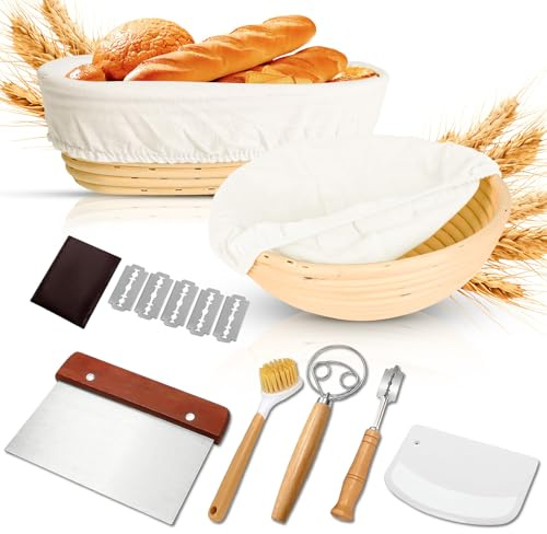 10 Pezzi Cestino Lievitazione Pane Set, con Cesto Rotondo 23 cm e Ovale 25 cm in Rattan Naturale, con Raschietto per Pasta, Frusta, Lama per Pane e Panno, Ideale per e Pasta Madre