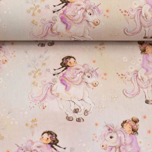 Baumwollstoff mit Pferden & Einhörnern - 5 Designs - 100% Baumwolle – Meterware ab 50 cm - Baumwollwebware (Einhörner, hellbeige)
