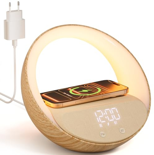 COLSUR Chargeur Induction avec Enceinte Bluetooth, FM Radio avec Chargeur USB sans Fil, Wireless Charger 15W avec éclairage, Veilleuse Colorée, écran LED à Intensité Variable Cadeau Femme Homme