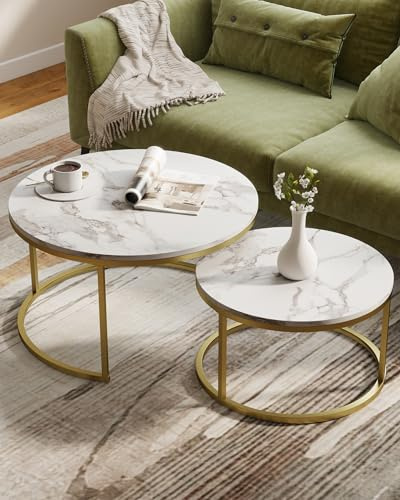 Amveya Runder Couchtisch Gold 2er Set 80+60 cm, Couchtisch Marmor Optik MDF Beistelltische Runder Tisch Wohnzimmer Modern, Metallgestell Gold, Wasserabweisend, Weiß und Gold
