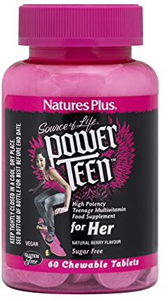 NaturesPlus Source of Life Power Teen for Her - Food Based Chewable Multivitamin Vitamins for Teenagers - Vegan, Gluten Free - 60 Chewable Tablets