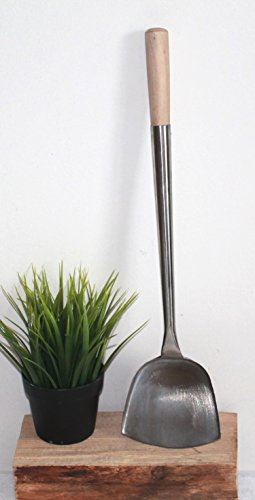 Asia Art Factory AAF Nommel®, Wok Spahtel Pfannenwender flach 005 Edelstahl Größe L – 48 cm lang, Kelle 12 x 11 cm, mit Holzgriff, genietet