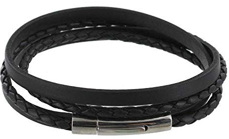 LES POULETTES BIJOUX - Bracelet Homme Cuir Deux Liens Plat et Tréssé Rond - Classics - Noir