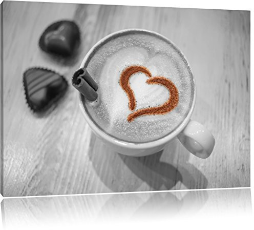 Pixxprint Leckerer Kaffee mit Herz B&W, Größe: 60x40cm, Leinwandbild, fertig gespannt, Wandbild, Dekoration, Kunstdruck, kein Poster