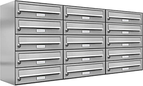 AL Briefkastensysteme 15er Briefkastenanlage Edelstahl, Premium Briefkasten DIN A4, 15 Fach Postkasten modern Aufputz
