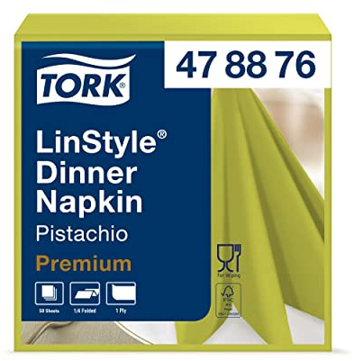 Tork 478876 Premium Linstyle Pistachio Dinner Napkin / 1 Ply Absorbent Unprinted Serviette in Light Green / 12 x 50 Sheets (WxL: 19.5cm x 19.5cm)