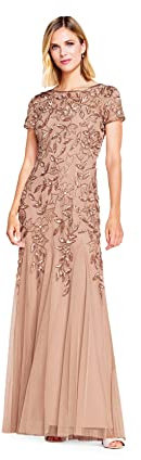 Adrianna Papell Short-Sleeve Floral Beaded Godet Gown Vestito da Sera Formale, Oro Rosa, 42 Donna