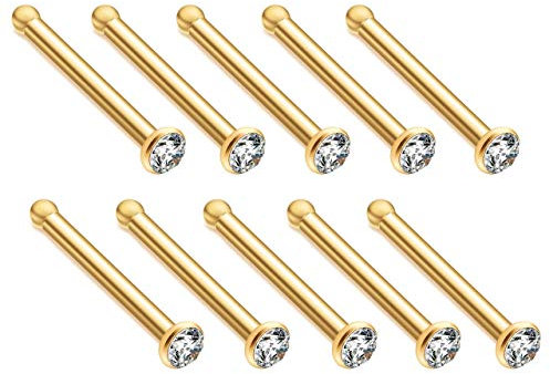 JSDDE Piercing 10 Stück Set Chirurgenstahl Strasssteine Nasenpiercing Nase Gerade Ringe Nasenstecker Nasenringe Fake Körper Piercing Schmuck 3mm / 8G Gold