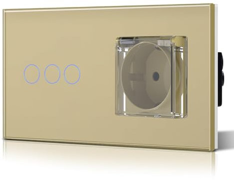 BSEED Interruptor Tactil y Enchufe Estanco, Exterior Enchufes Empotrable Con Cristal,Seguridad infantil,Fácil Instalación,3 Gang 1 Vía + 1 Enchufe,157mm Oro
