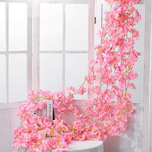 Shiwaki 2PCS 180cm/70inch Artificial Flower Cherry Blossom Rattan Wedding Cherry Blossom Rattan String Decoration Hanging Decorative Flower Cherry Blossom Rattan-Dark pink