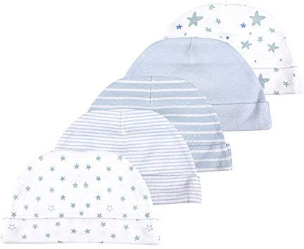 Kiddiezoom Manoplas de algodón para bebés y niñas, paquete de 10 sombreros de bebé de algodón suave para bebés, 5-Pack Blue Sky Hats, M