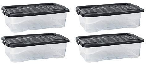 Home and Kitchen Strata Curve Clear Plastic Stackable Re-Usable Storage Box U/Bed 42 Litre (Black Lid) (4 Pack)