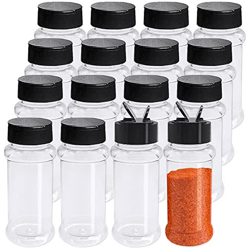 OJYUDD 16 Pack 3.4oz/100ml Plastic Spice Bottles Set,Empty Seasoning Containers with Black Cap,Clear Reusable Containers Jars for Spice,Herbs,Powders,Glitters