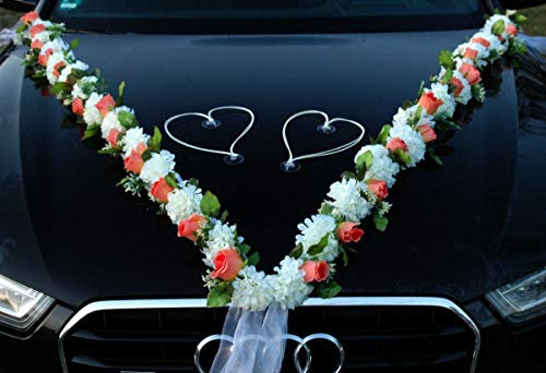 VIP Girlande 30 Azaleen 30 Rosen 18 extrastarken Saugnäpfen 2 x 180 cm Girlande 4 Türgriffdekorationen 2 Rattanherzen Braut Paar Autoschmuck Hochzeit Car Auto Wedding PKW ®Auto-schmuck (Azaleen 5)