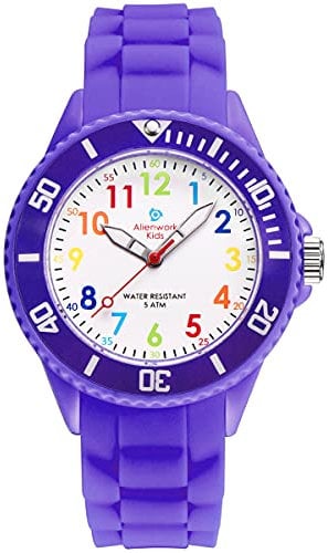 Alienwork Kids Lernuhr Kinderuhr Mädchen Uhrzeit Lernen Violett Silikon-Armband Mehrfarbig Kinder-Uhr Wasserdicht 5 ATM Zeit Lernen