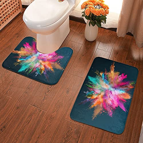 MGCEDLTD Rutschfeste, saugfähige Badematte und U-förmiger WC-Vorleger, farbige Puder-Explosion, Badezimmerteppich-Set, 2-teilig für Badezimmer