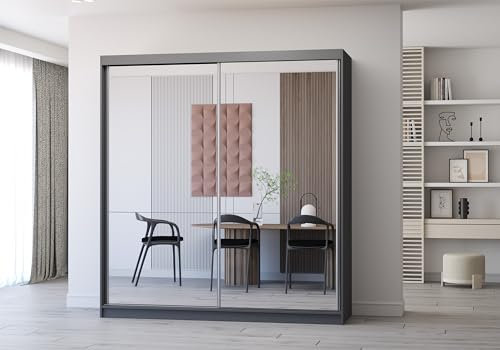 Fabryka Mebli Idźczak Kleiderschrank mit Spiegel, Schiebetüren - Schwebetürenschrank, Schlafzimmerschrank - 61 x 203 x 218 cm - Schrank für Schlafzimmer, Wohnzimmer, Garderobe - Weiß, Grau