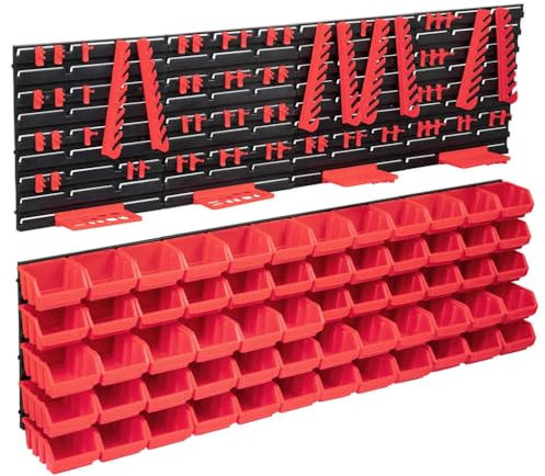 vidaXL 136 Piece Storage Bin Kit with Wall Panels - Red/Black Plastic for Garage, Workshop, Craftroom Organization - Stackable and Customizable