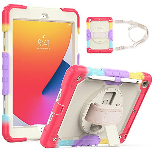 Schutzhülle für iPad 10,2 Zoll 9. / 8. / 7. Generation 2021/2020/2019, Silikon, stoßfest, robust, mit Displayschutzfolie, um 360° drehbarem Ständer, Hand-/Schultergurt, Stifthalter, Z