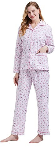 GLOBAL Femme Pyjama Flanelle Manches Long |Ensembles de Pyjama Coton |Chemises de Nuit Bouton | Chaleureux Vêtements de Nuit Confortable |Fleur Rose Fantaisie M