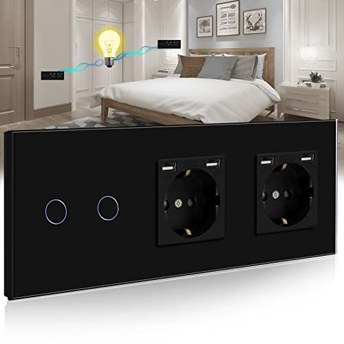 BSEED Touch Lichtschalter mit USB Steckdose Anschluss (Max. 2.1A) 2 Fach 2 Wege Wandschalter mit doppelten Steckdosen Unterputz Touchscreen-schalter mit Glasrahmen 228mm Schwarz 500W
