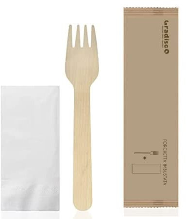 GRADISCO FORCHETTE LEGNO 16 CM IMBUSTATE CON TOVAGLIOLO - FORCHETTE 100% COMPOSTABILI - POSATE MONOUSO - 100 CONFEZIONI CON SUPERFICIE LISCIA SENZA SCHEGGE + TOVAGLIOLO BIANCO