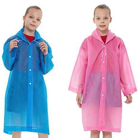 2 Pcs Poncho de Pluie Enfant EVA, Cape Imperméable pour Filles Garçons, Réutilisable avec Capuche, Portable pour Voyage Vélo (Rose, Bleu)