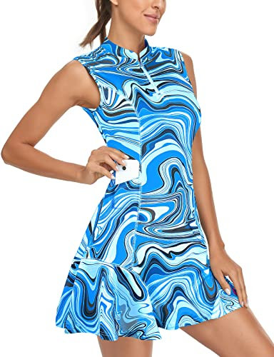 Tanst Sky Damen Golfkleid mit Shorts Reißverschluss Schnell Trocknen Ärmellos Taschen Tennis Workout Kleider, blue wave, Klein