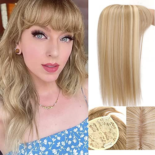 14 Kunsthaar-Topper-Perücken-Haarverbesserer mit geradem Pony 3 Clips in geraden Haarverlängerungen Haarverschlussstück Haarteile für Frauen (14inch/35cm, 27/613)