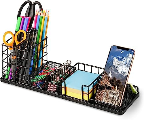 HurLuksi Pen Holder for Desk, 6 Pieces Mesh Desk Organiser Set, Rese Gold Desk Tidy with 3 Compartments pens holder, Mail Organizer Letter Holder, Home Office Supplies and Accessories (7pack Black)