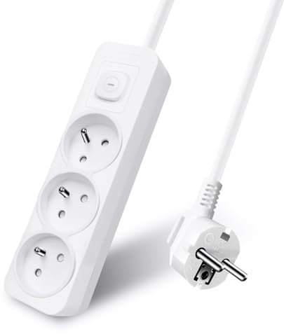 EXTRASTAR Multiprise 3 Prises 16A avec Interrupteur,Bloc 3 Prises,Rallonge 3m 250 V avec sécurité Enfant,Blanc