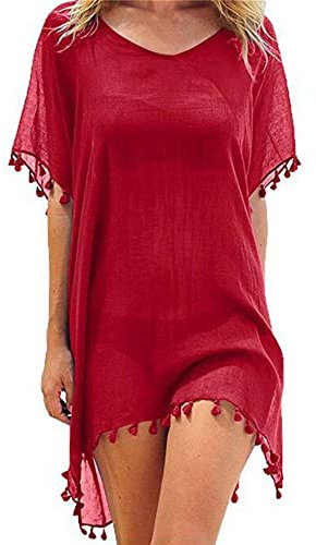 Edhomenn Women Chiffon Beachwear Tassel Bikini Cover Up Short Beach Dress Solid See-Through Swimsuit Summer Casual Swimwear (Red, One Size)