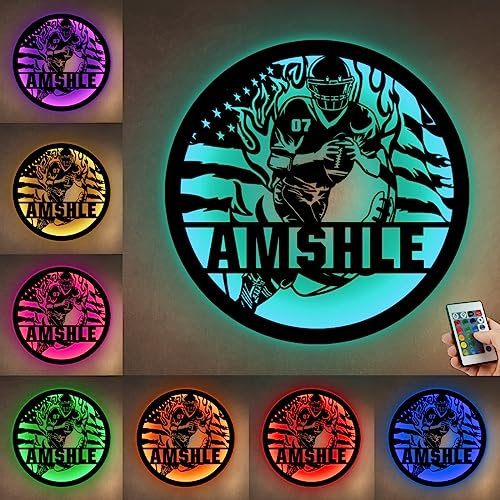 Personalized Football Player LED Sign, Custom Name Football Player Light up Sign 16 Colors Football Player Metal Wall Decor Lamp for Bedroom Birthday Christmas Gifts for Football Player Football Lover