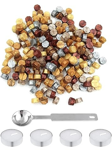 ChAusa 200 Stück Siegelwachsperlen in Metallic-Tönen,Achteckige Siegellackperlen,Retro-Siegellack,Antikes Siegellack,Siegellacksiegel für Einladungen,Karten,Umschläge mit 1 Schmelzlöffel,4 Kerzen