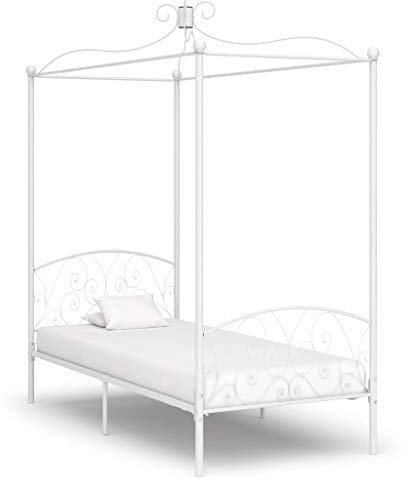 Homgoday Weißes Himmelbett aus Metall, 90 x 200 cm, Bettrahmen, Bettrahmen, Rahmen, modernes Bett, Doppelbett, Bett mit Lattenrost für Wohnzimmer Schlafzimmer