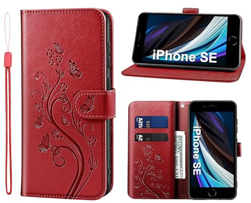 KRAFTCARE Handyhülle für iPhone SE 2020/2022 Hülle, für iPhone 8/7 Hülle mit Kartenfach Geld Slot Ständer Magnetic Closure, Flip Case Leder Schutzhülle Tasche Handyhülle für iPhone 8/7/SE Hülle,Rot