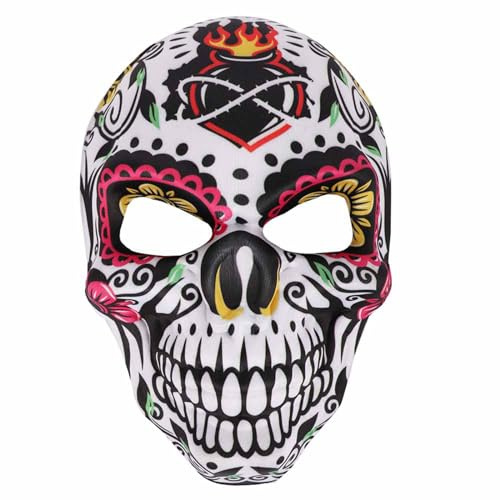 BAHJKASD Klassische mexikanische Tag der Toten Maske Halloween Maske Totenkopf Druck Maske Halloween Festivals Kostüm Requisite für Männer Frauen Halloween Maske Tag der Toten Cosplay Maske Gruseliger