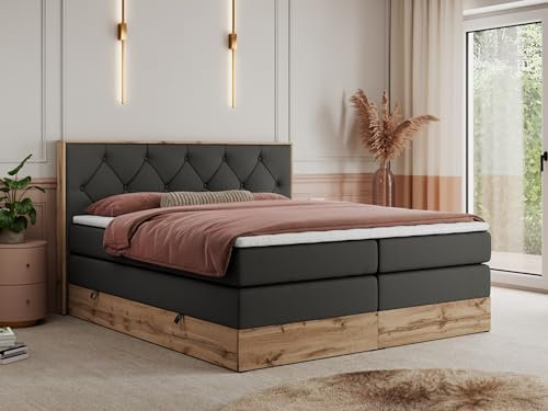 MKS MEBLE King Boxspringbett 140x200 mit Kopfteil und Bettkasten, Polsterbett mit Matratze H4 und Topper T25, Wotan Eiche Dekor - Dunkelgrau Kunstleder - Veneto King