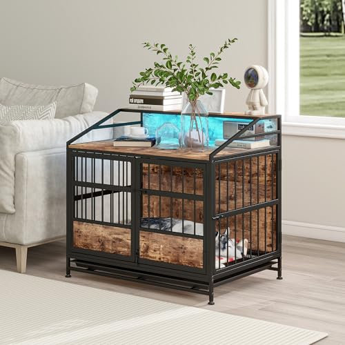 FOUBAM Dog Crate Furniture, Metal and Wooden Dog Cage with LED Light, Dog Kennels with Removable Tray, Pet Puppy Crate End Table for Medium/Large Dog, Heavy Duty Dog House, Rustic Brown and Black