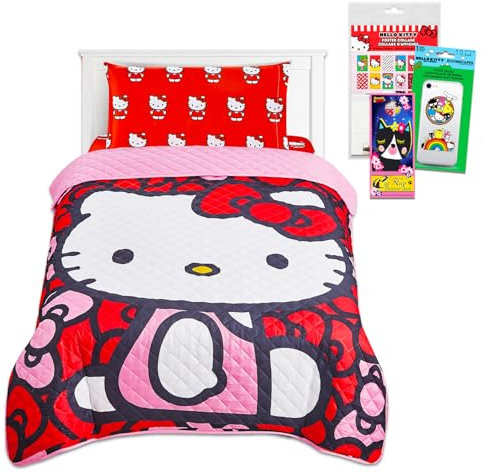 Hello Kitty Set di biancheria da letto per letto singolo, set con copriletto, lenzuolo piano, lenzuolo con angoli e federa per letto singolo più adesivi, altro